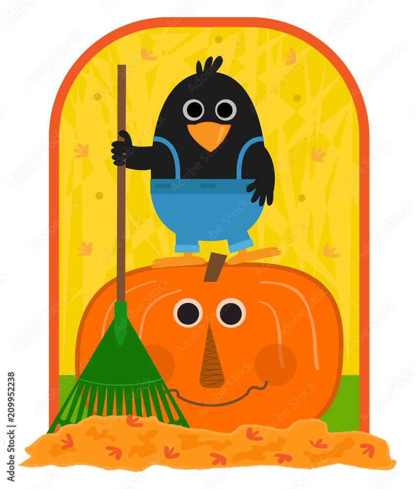 Vecteur Stock Crow and Pumpkin - Cute clip-art of a crow holding a rake