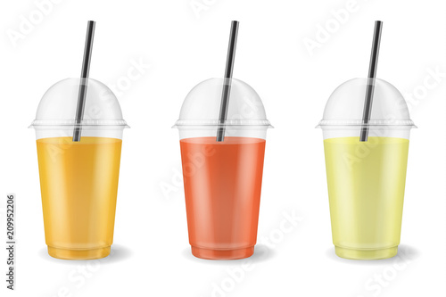 Vector realistic 3d clear plastic disposable transparent cup with pipe set. Fresh orange, tomato and apple smoothie or juice. Mug of fruit organic shake, cocktail. Vegetarian healthy natural food