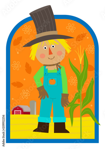 Autumn Scarecrow - Cute cartoon scarecrow standing in a field with a barn in the background. Eps10