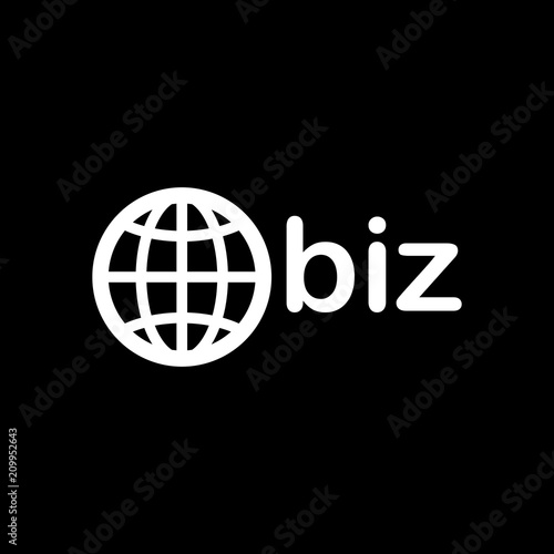 domain for business, globe and biz. White icon on black backgrou