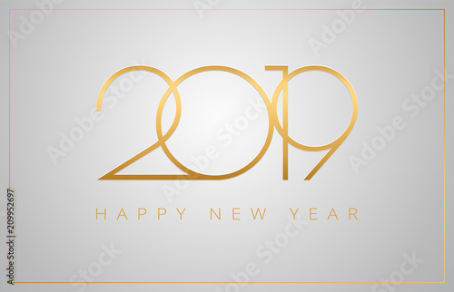2019 Happy New Year greeting card - golden numbers on a silver background - vector 2019 New Year celebration