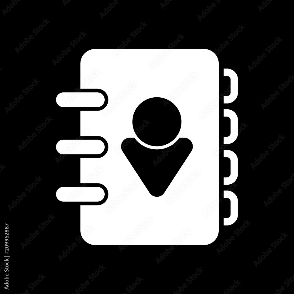 address book with person on cover. simple icon. White icon on bl address book with person on cover. simple icon. White icon on bl