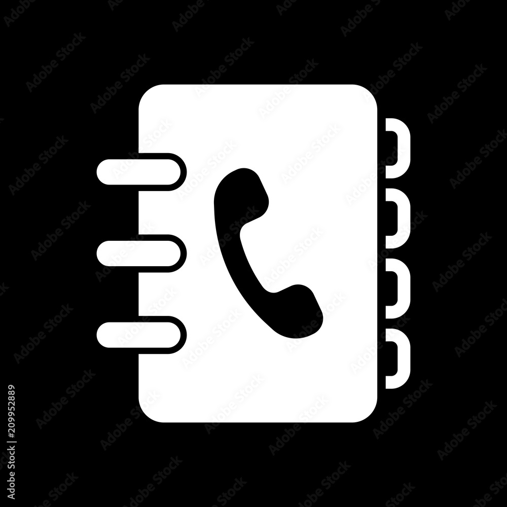 address book with phone sign on cover. simple icon. White icon o address book with phone sign on cover. simple icon. White icon o