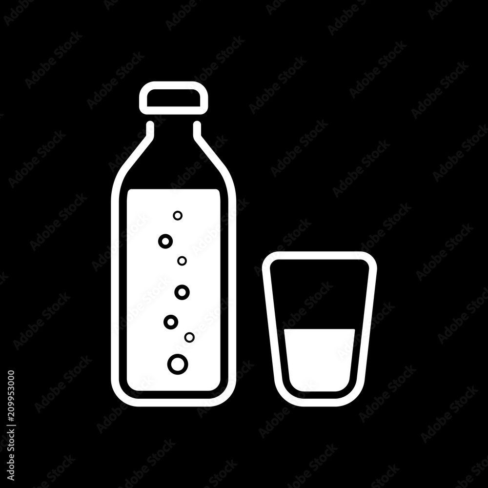 bottle of water with bubbles and glass cup. simple icon. White i bottle of water with bubbles and glass cup. simple icon. White i