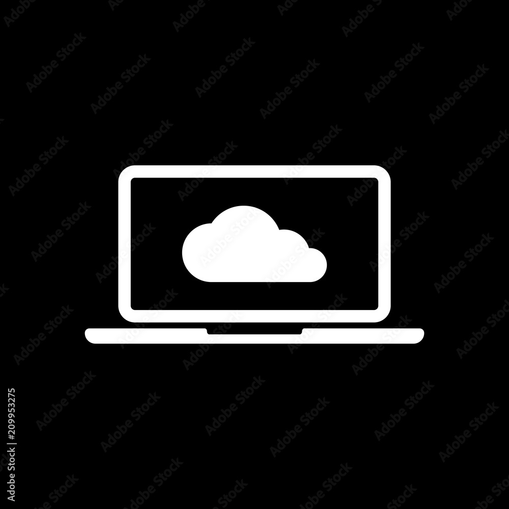 Cloud technology, software. Laptop and cloud. White icon on blac Cloud technology, software. Laptop and cloud. White icon on blac
