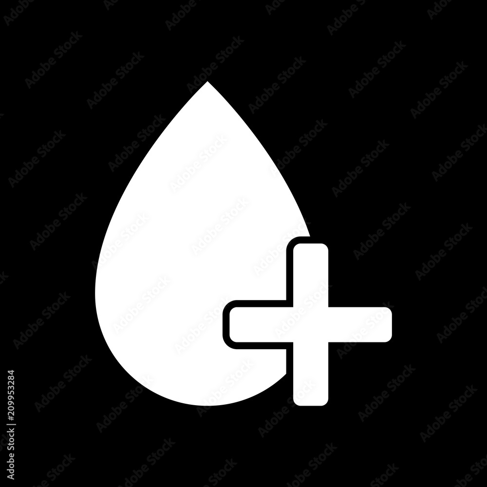 drop of blood and medical cross. simple icon. White icon on blac drop of blood and medical cross. simple icon. White icon on blac