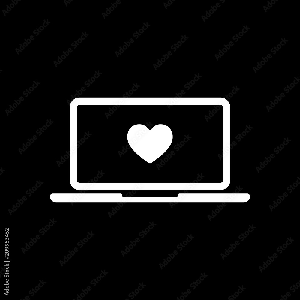 Laptop or notebook computer with heart on screen. Simple icon. W Laptop or notebook computer with heart on screen. Simple icon. W