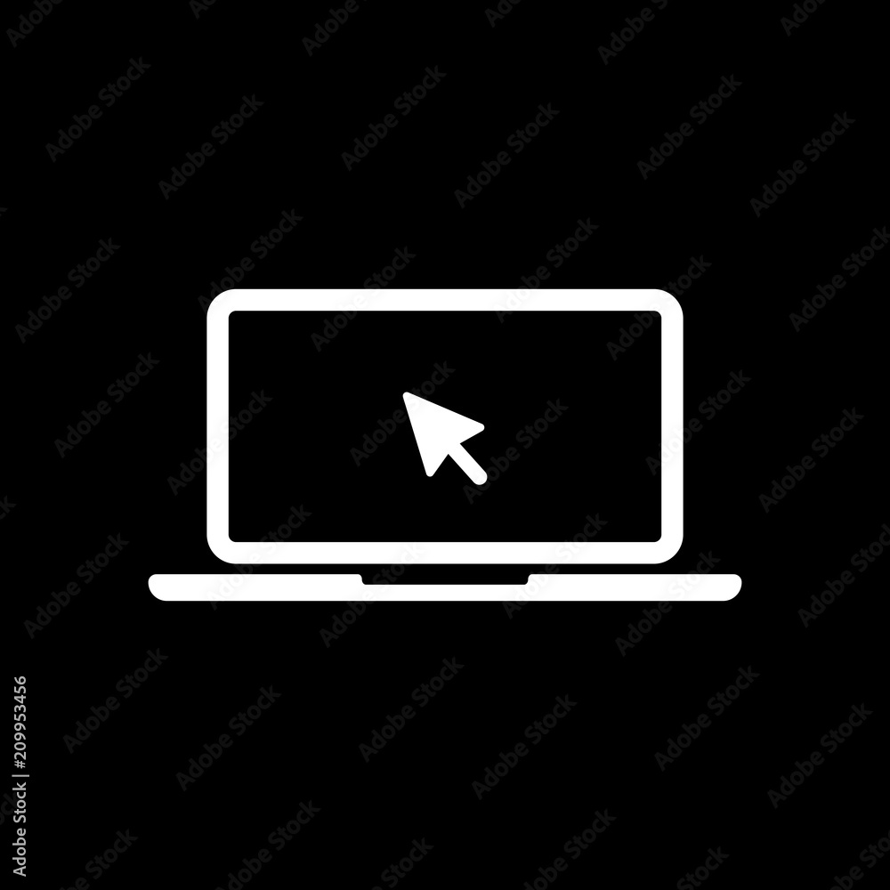 Laptop or notebook with arrow on screen. White icon on black bac Laptop or notebook with arrow on screen. White icon on black bac