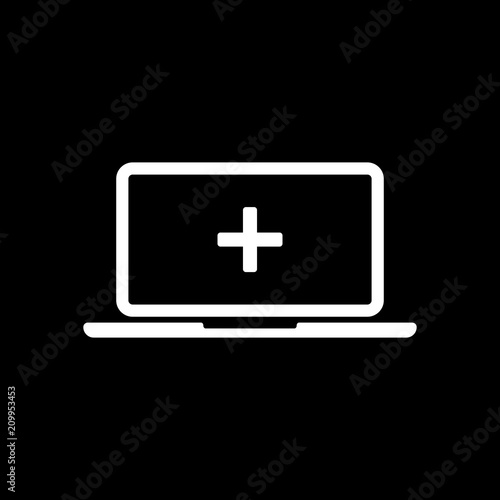 Laptop or notebook computer with medical cross on screen. Simple