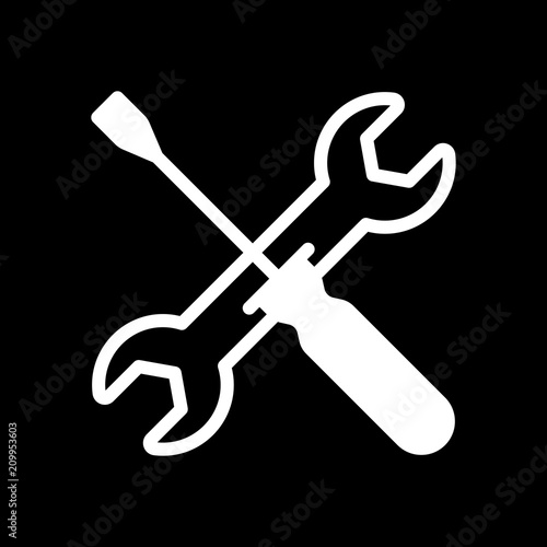 Repair service, wrench and screwdriver, tools. White icon on bla