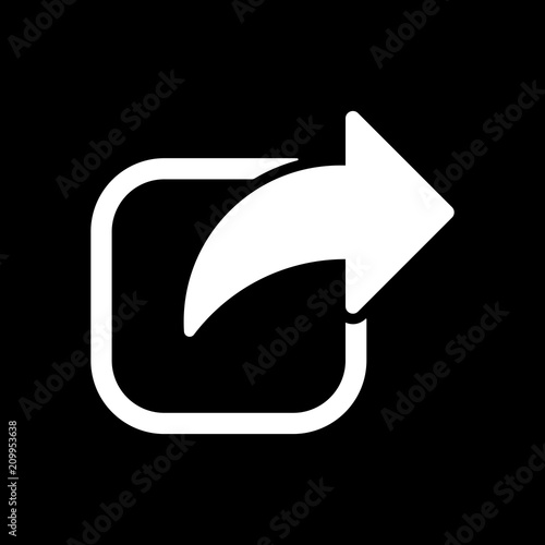 Share icon. Arrow and square. White icon on black background. In