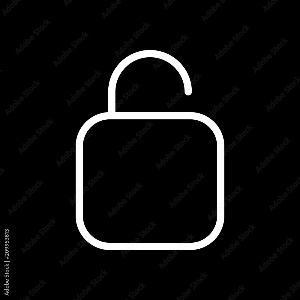 Simple unlock. Linear, thin outline. White icon on black backgro Simple unlock. Linear, thin outline. White icon on black backgro
