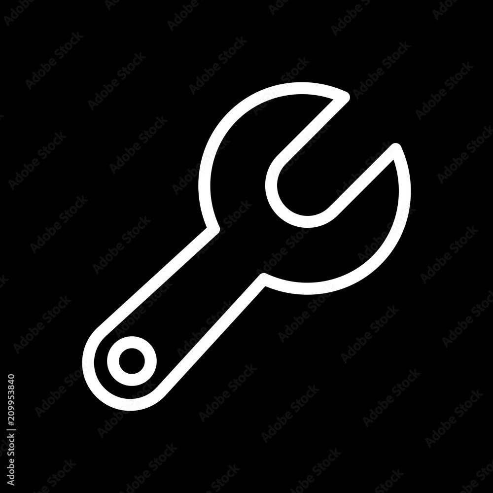 Simple wrench. Linear, thin outline. White icon on black backgro Simple wrench. Linear, thin outline. White icon on black backgro