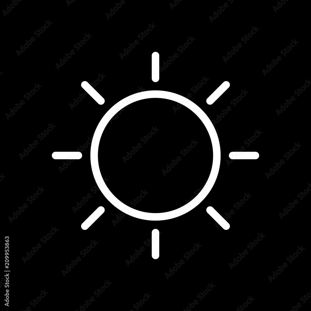 Sun icon. Linear, thin outline. White icon on black background. Sun icon. Linear, thin outline. White icon on black background.