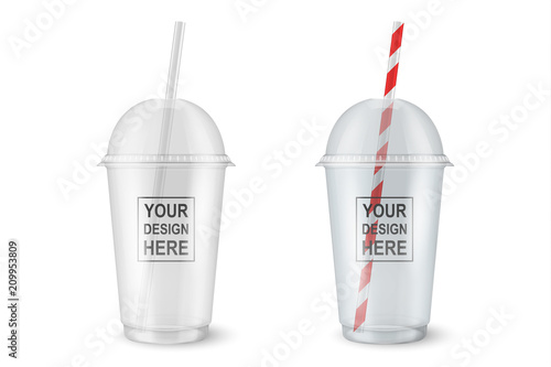 Vector realistic 3d empty clear plastic disposable cup set closeup isolated on transparency grid background. Design template of packaging mockup for graphics - milkshake, tea, fresh juice, lemonade