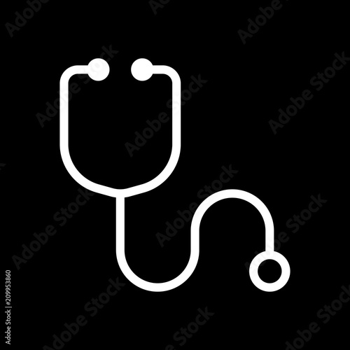 Simple stethoscope icon. Linear, thin outline. White icon on bla