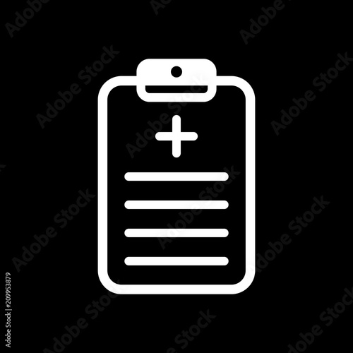 tablet, medical document. White icon on black background. Invers