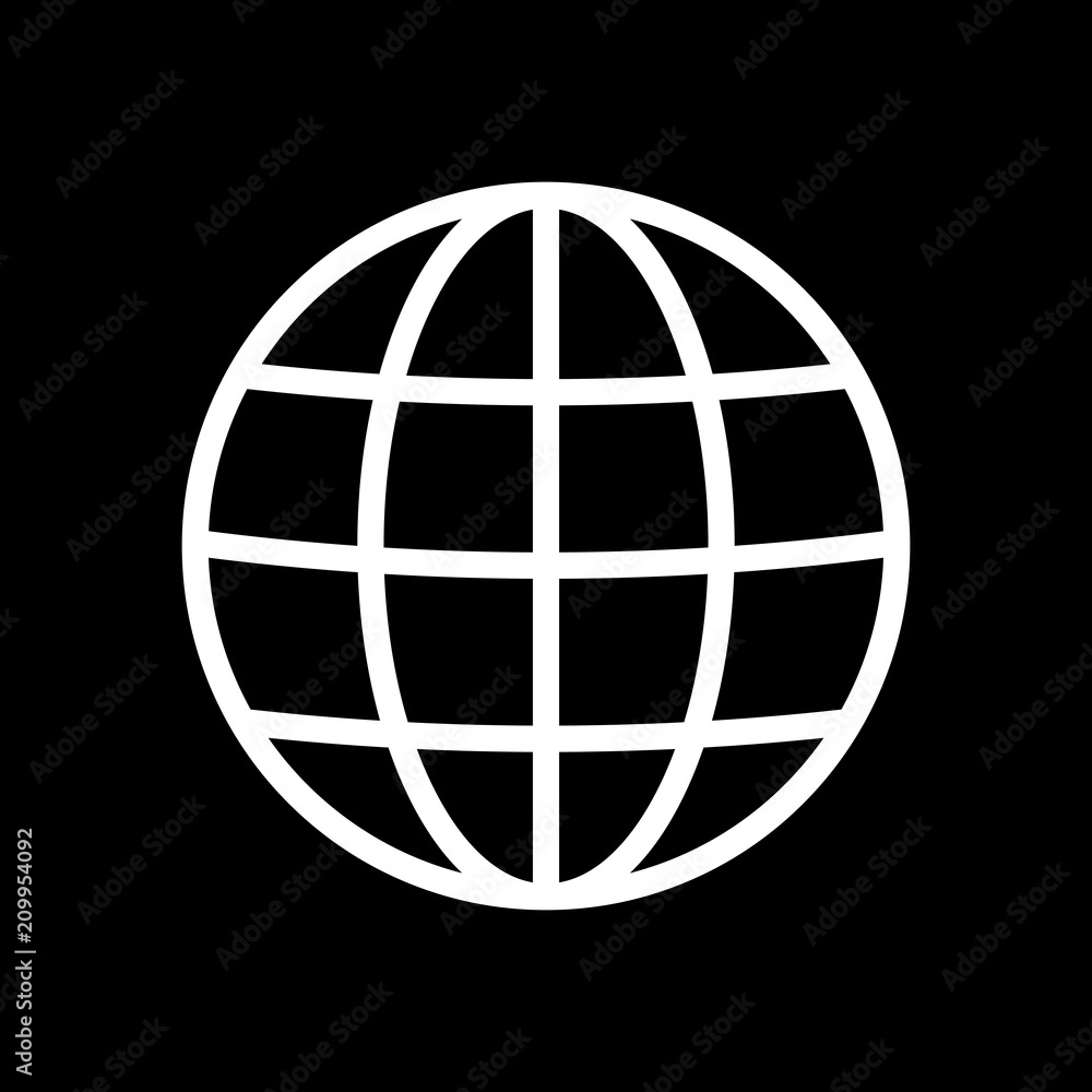 Simple globe icon. Linear, thin outline. White icon on black bac Simple globe icon. Linear, thin outline. White icon on black bac