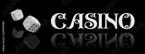 Top view of Casino sign and poker dice on black background. Online casino wide banner with casino game and place for text. Gambling 3d vector concept