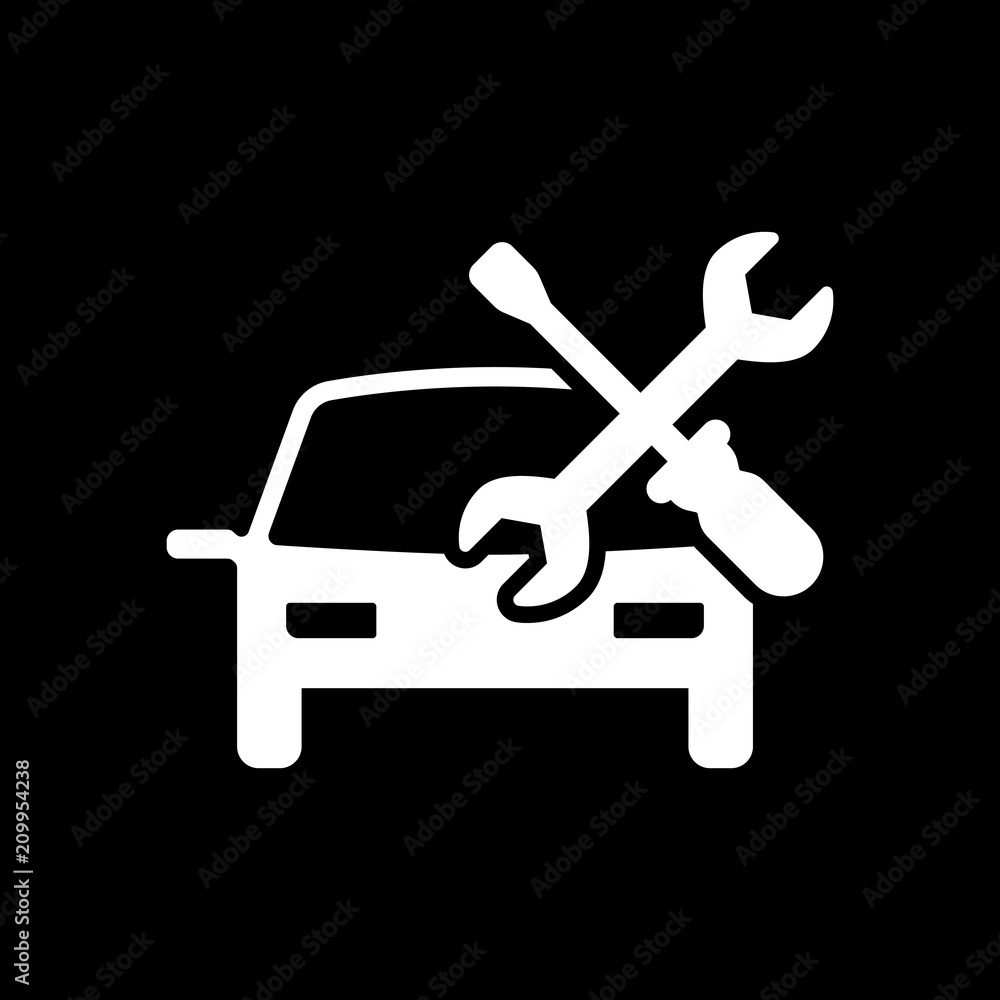 Car service, repair instrument, fix. White icon on black backgro Car service, repair instrument, fix. White icon on black backgro