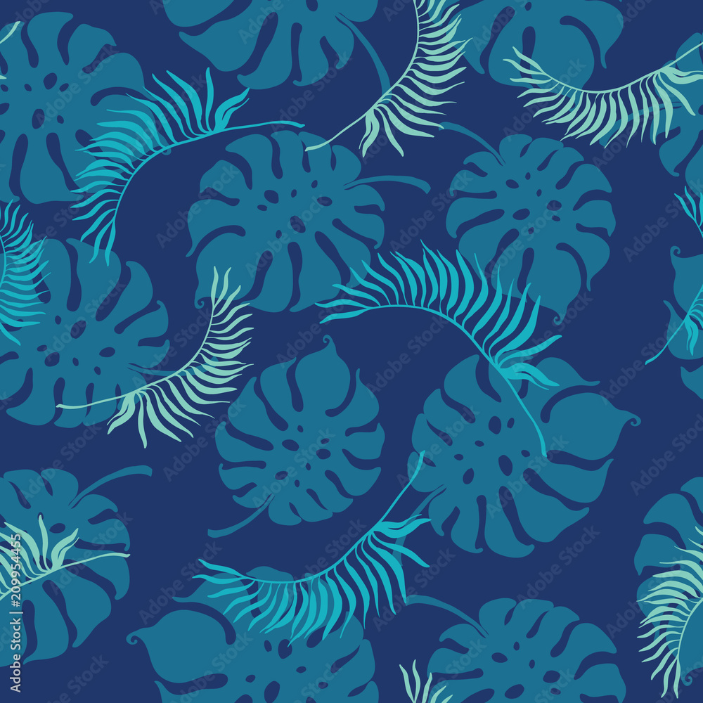 Tropical blue leaves seamless repeat pattern. Great for summer exotic wallpaper, backgrounds, packaging, fabric, and giftwrap projects. Surface pattern design. Tropical blue leaves seamless repeat pattern. Great for summer exotic wallpaper, backgrounds, packaging, fabric, and giftwrap projects. Surface pattern design.