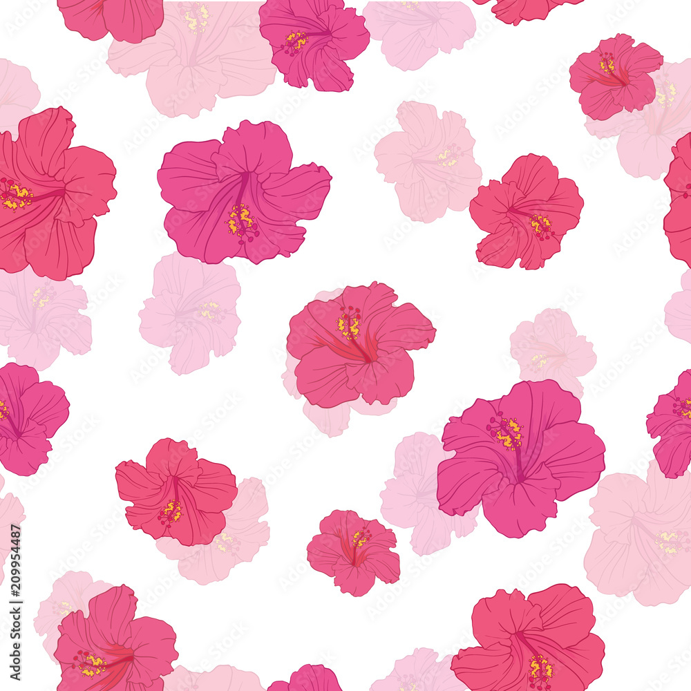 Pink hibiscus flowers seamless repeat pattern. Great for summer exotic