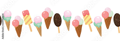 Ice cream and cherries horizontal seamless border. Great for yummy summer dessert wallpaper, backgrounds, packaging, fabric, scrapbooking, and giftwrap projects. Surface pattern design.