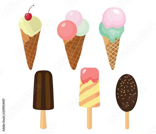 Set of cute ice cream vector icons. Great for yummy summer dessertbackgrounds, packaging, scrapbooking projects.