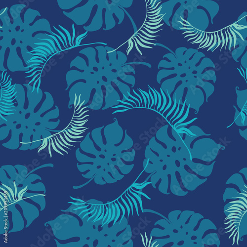 Tropical blue leaves seamless repeat pattern. Great for summer exotic wallpaper  backgrounds  packaging  fabric  and giftwrap projects. Surface pattern design.