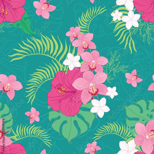 Tropical orchid and hibiscus flowers seamless repeat pattern. Great for summe...