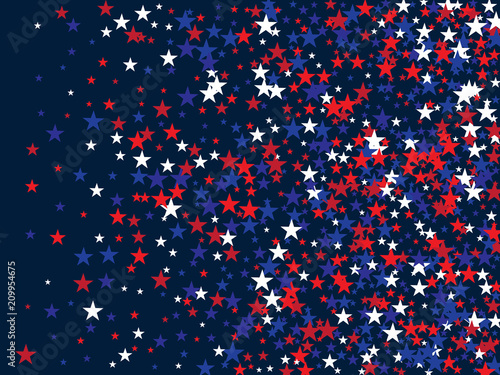 Patriotic 4th of July  Independence Day of America Stars Confetti. Flying Stars Texture  US Blue  Red  White Confetti Banner. USA Independence Day  4th of July  National Symbols Banner Background.