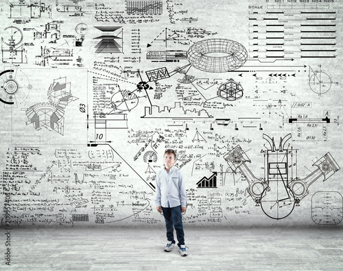 Boy standing in a room and studying math formulas © allvision