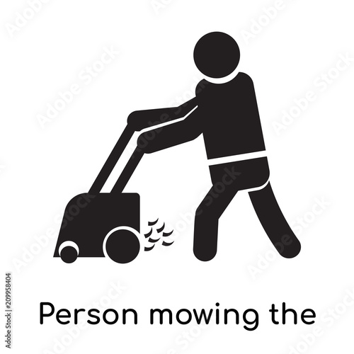 Person mowing the grass icon vector sign and symbol isolated on white background, Person mowing the grass logo concept