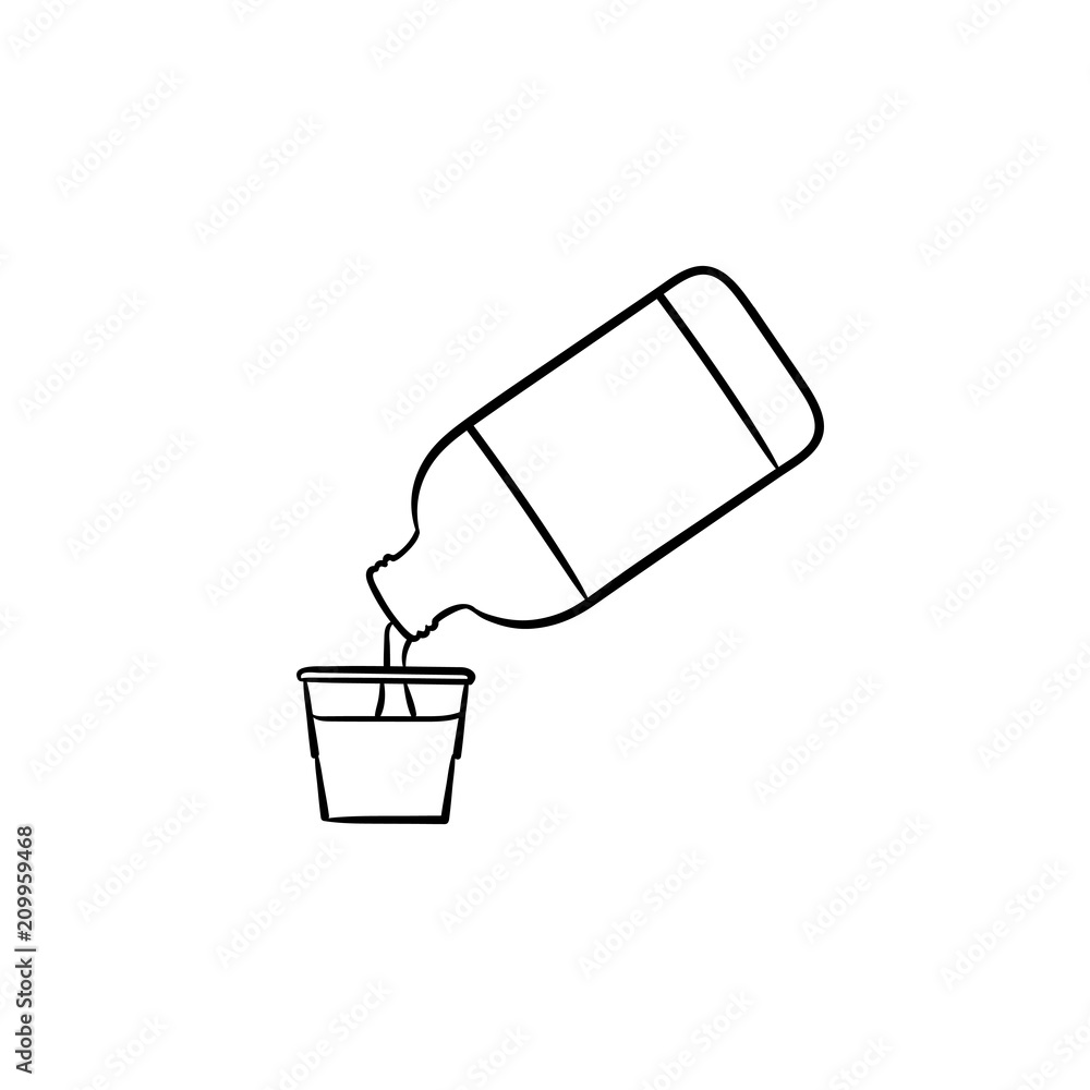 Mouth rinse with measuring cup hand drawn outline doodle icon. Hygiene mouthwash, dental care