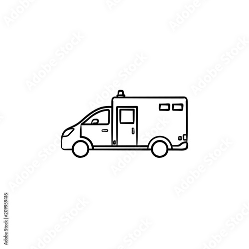 Ambulance car hand drawn outline doodle icon. Paramedics, emergency help and urgent situation concept. Vector sketch illustration for print, web, mobile and infographics on white background.