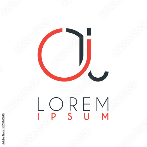 The logo between the letter O and letter J or OJ with a certain distance and connected by orange and gray color