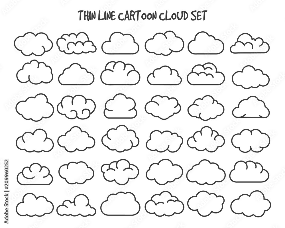 Thin line clouds. Vector linear cloud silhouette icons for