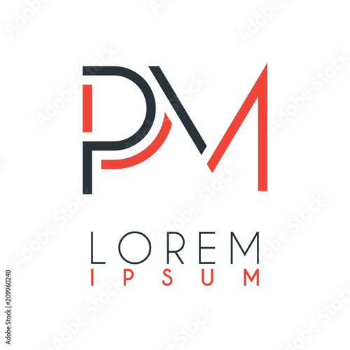 The logo between the letter P and letter M or PM with a certain distance and connected by orange and gray color