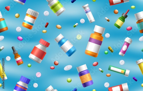 Pills seamless pattern. Medicine, tablets and medical bottles vector background for pharmaceutical concepts