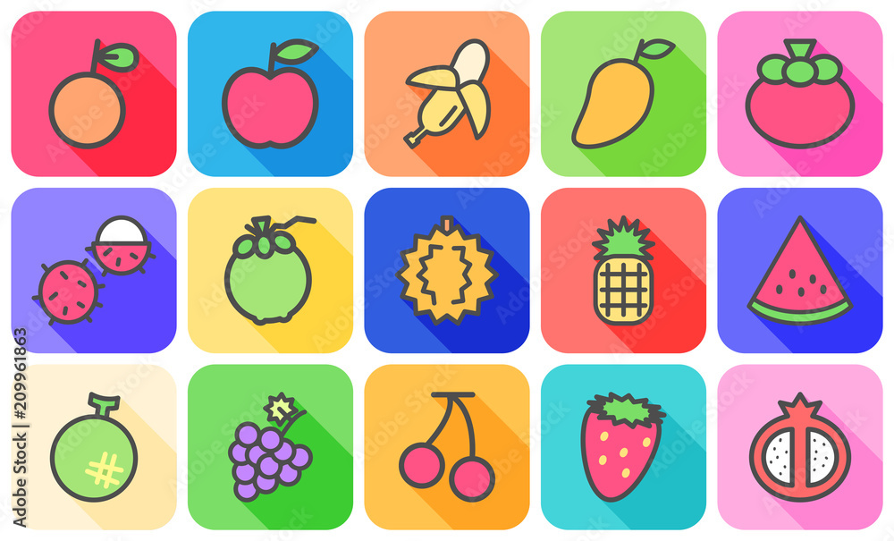 Colorful of variety fruit icon with flat icon and long shadow concept on white background Colorful of variety fruit icon with flat icon and long shadow concept on white background
