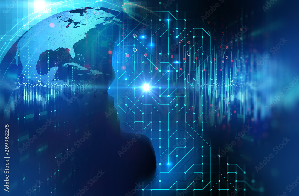 silhouette of virtual human on circuit pattern technology 3d illustration silhouette of virtual human on circuit pattern technology 3d illustration