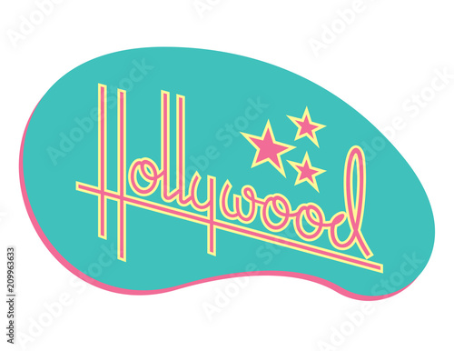 Hollywood Retro Vector Design with Stars. Custom hand drawn script design of the word Hollywood with retro 1950s style vibe, reminiscent of old motel and diner signs.