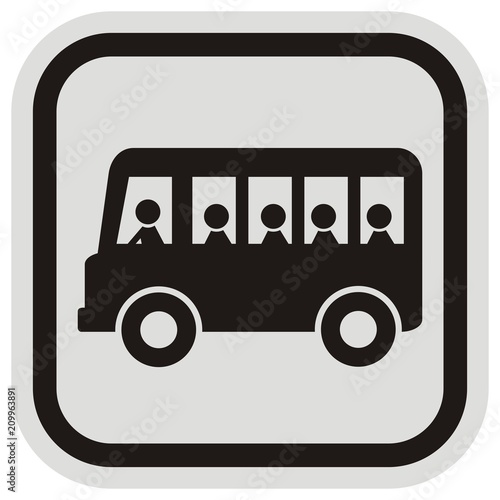 bus passengers, black silhouette at black and gray frame, bus and people, vector icon