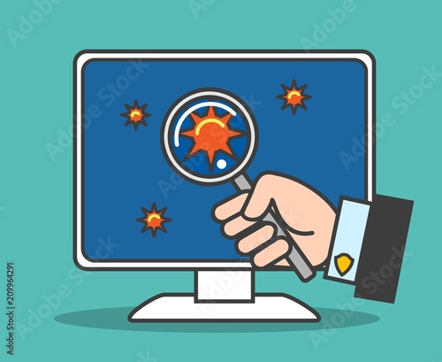 Software bugs test. Computer virus detection thin line vector illustration with magnifying glass in hand testing