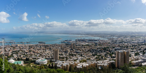 View from the top to city of Haifa in Israel and harbor at spring time. © olegmayorov