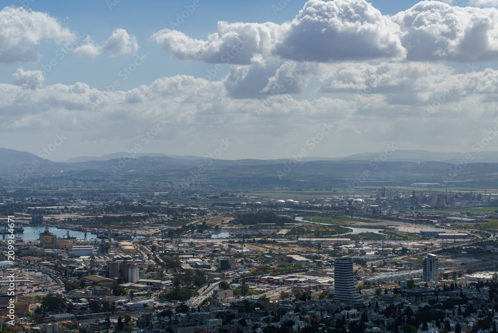 View from the top to city of Haifa in Israel and harbor at spring time.