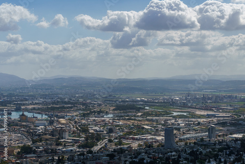 View from the top to city of Haifa in Israel and harbor at spring time.