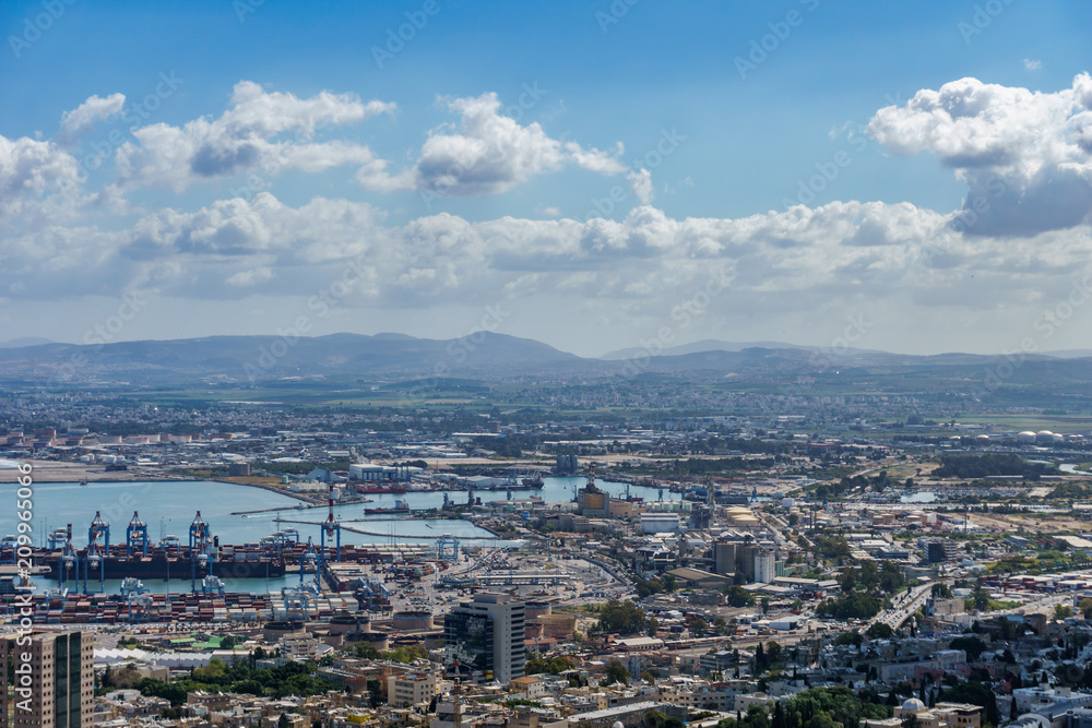 Fototapeta premium View from the top to city of Haifa in Israel and harbor at spring time.