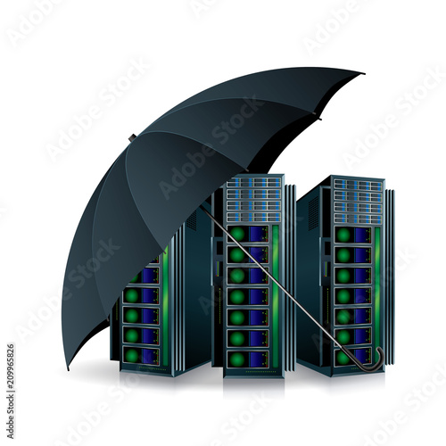 Supercomputer under umbrella, Isolated over white background.