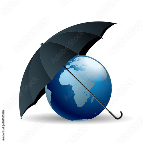 The earth is under an umbrella, Isolated over white background.